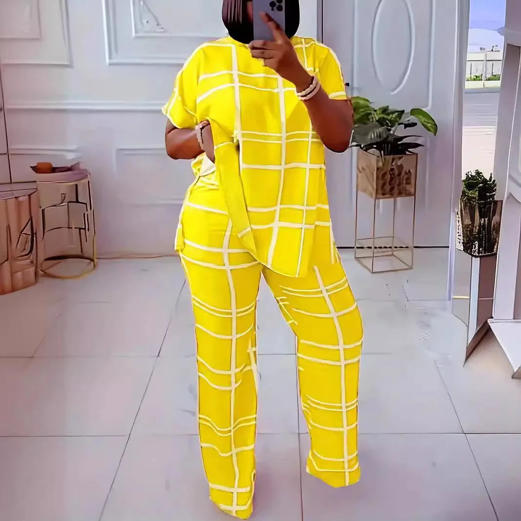Short Sleeve 2 Piece Women Sets 2026 Spring Summer Matching Sets Stripe Print Two Pieces Sets Top Pants Suits Outfits Clothing