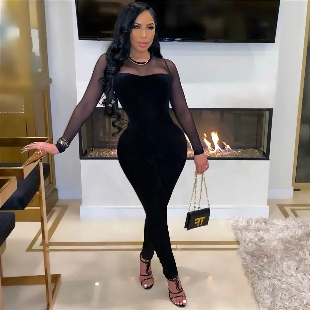 Sexy Sheer Mesh Patchwork Velvet Jumpsuit Women Long Sleeve Skinny Rompers Womens Jumpsuit Elegant Slim Bodycon Party Overalls