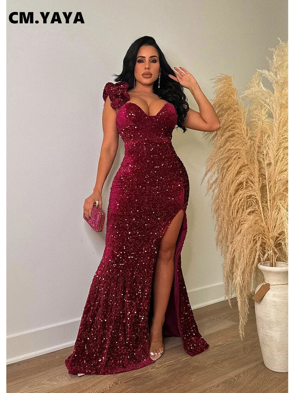 CM.YAYA Women One Shoulder Open Back Sequined High Side Split Mermaid Maxi Dress 2023 Sexy Club Evening Party Dresses Vestidos - JN Fashion Fusion