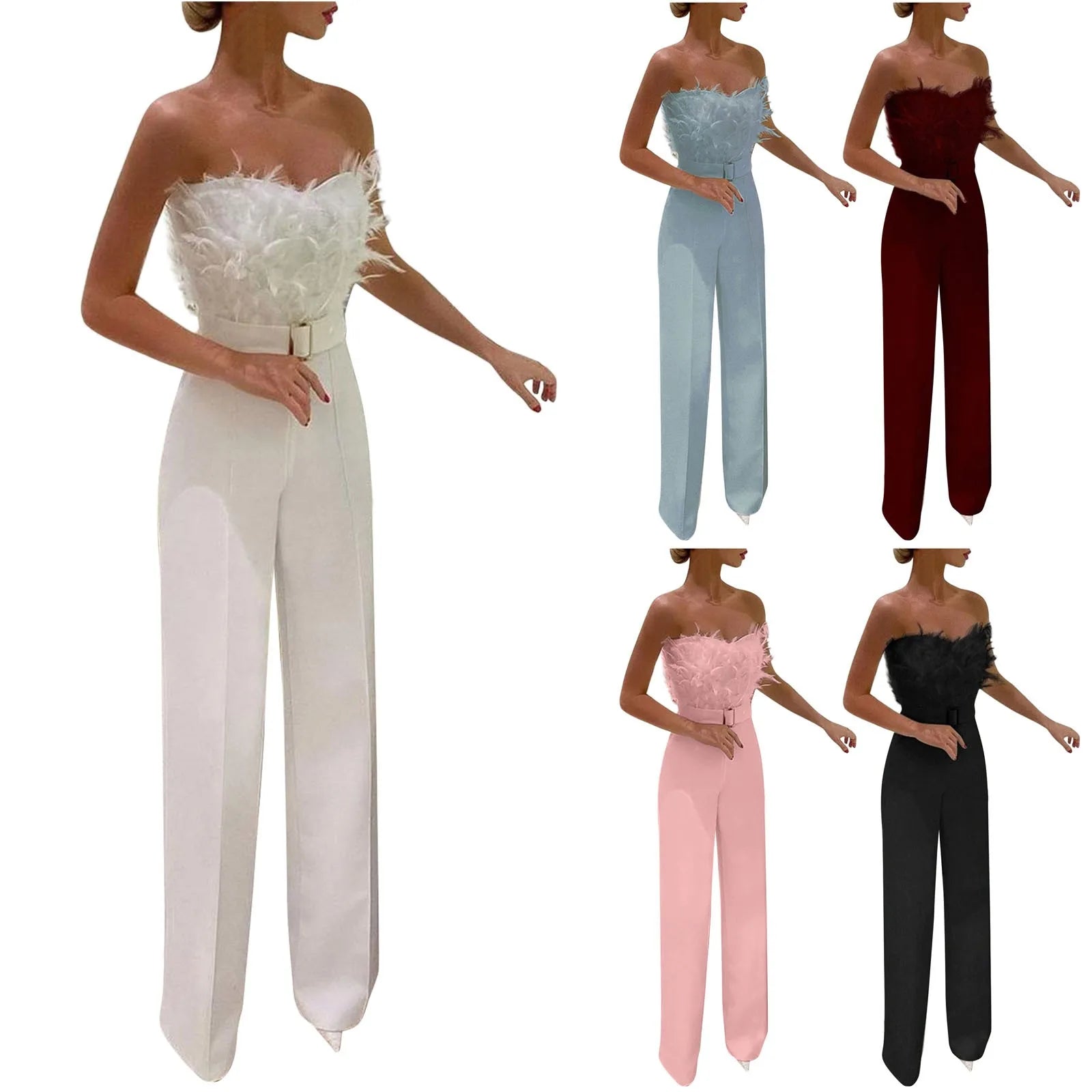 Women Jumpsuit Feather Tube Top Sexy Evening Party Jump Suits Sleeveless High-waisted Straight Playsuits Night Clubwear Overalls - JN Fashion Fusion