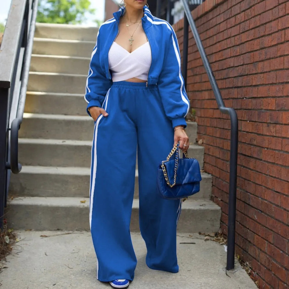 Women’s wide leg pants suit by JN Fashion Fusion, striped jacket and floor-length trousers, casual autumn 2-piece ensemble.