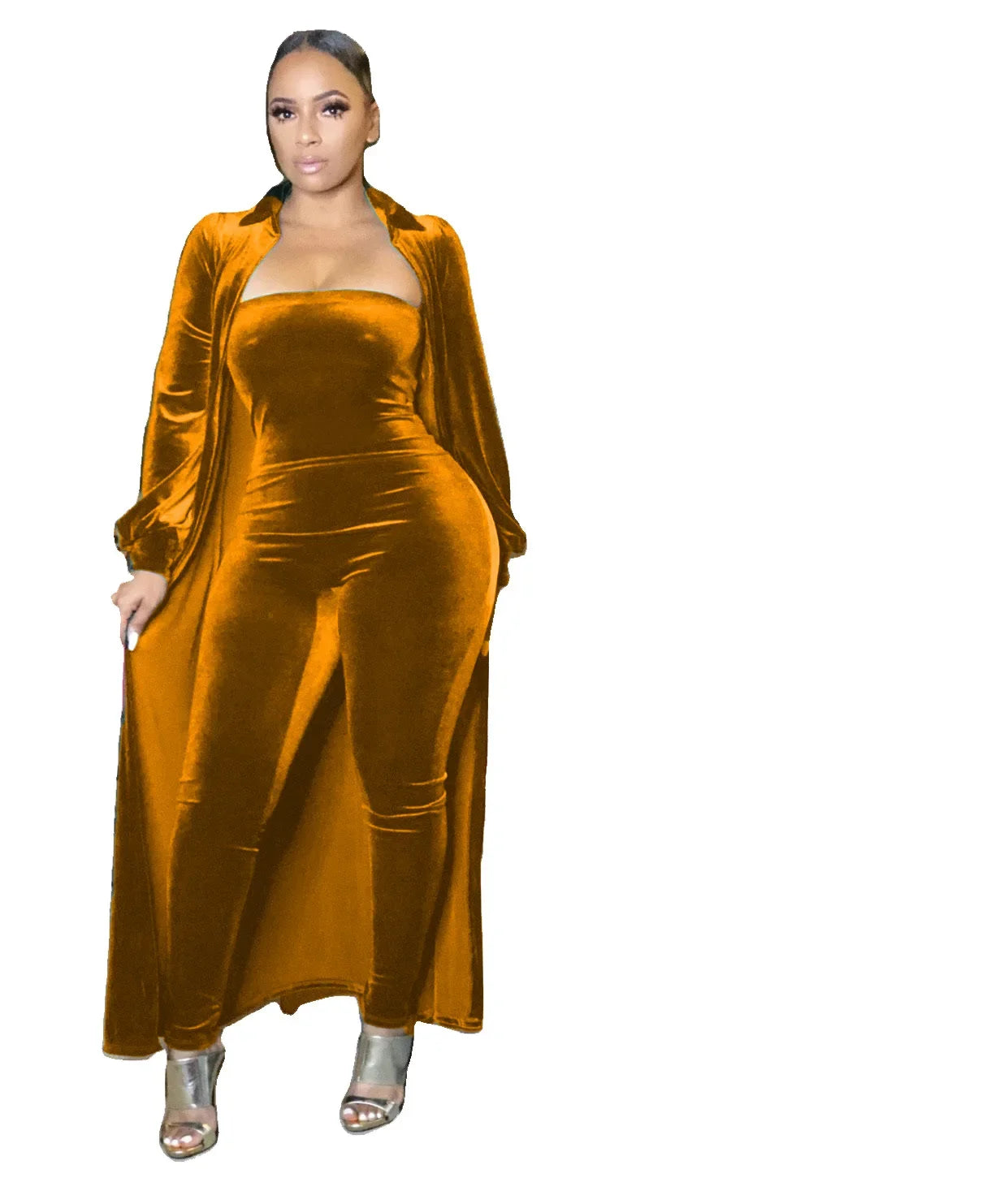 CM.YAYA Vintage Velvet Two 2 Piece Set Outfits for Women Long Sleeve Maxi Cardigan + Strapless Jumpsuit Suit INS 2022 Tracksuit - JN Fashion Fusion