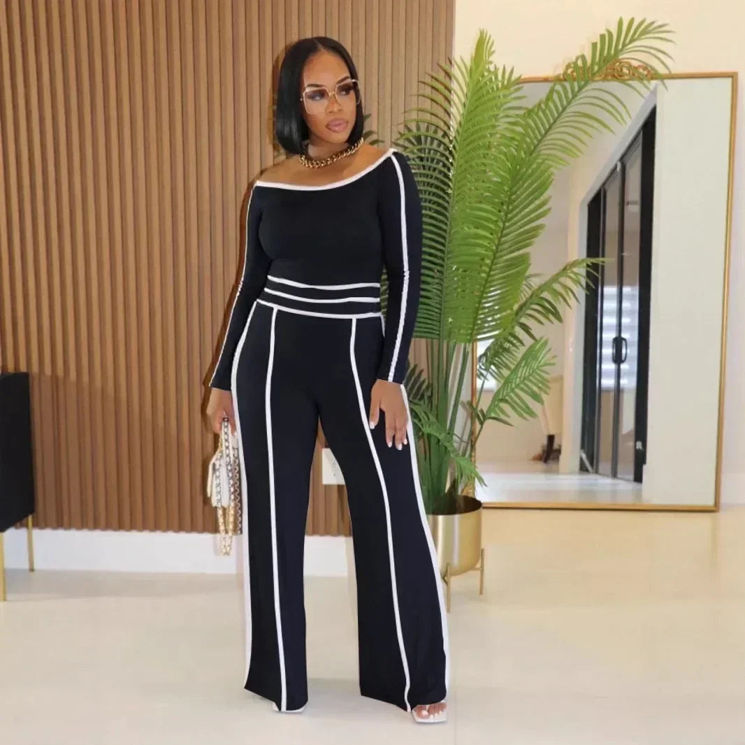 JN Fashion Fusion high-waist wide-leg pants and long-sleeve top set, featuring elastic splicing and diagonal collar details.