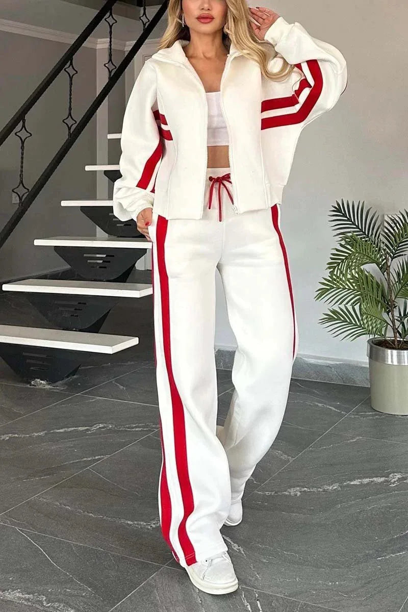 Ladies stripe tracksuit 2-piece set by JN Fashion Fusion with zip-up crop jacket and high-waist wide-leg sweatpants, streetwear style.