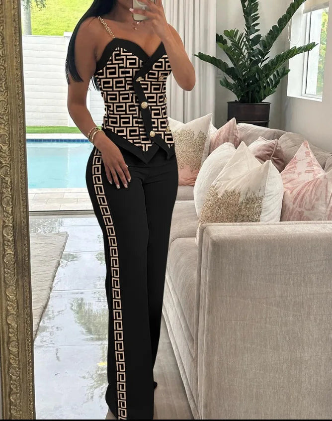 Spring Summer New Fashion Commuter Women Suit Irregular Top Wide Leg Trousers Metal Suspenders Double Breasted Slim Suit Lady - JN Fashion Fusion