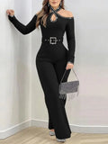 Rhinestone Decor Halter Cold Shoulder Long Sleeve Jumpsuit Hollow-out Front Zipper Back with Belt Overalls for Women One Pieces - JN Fashion Fusion