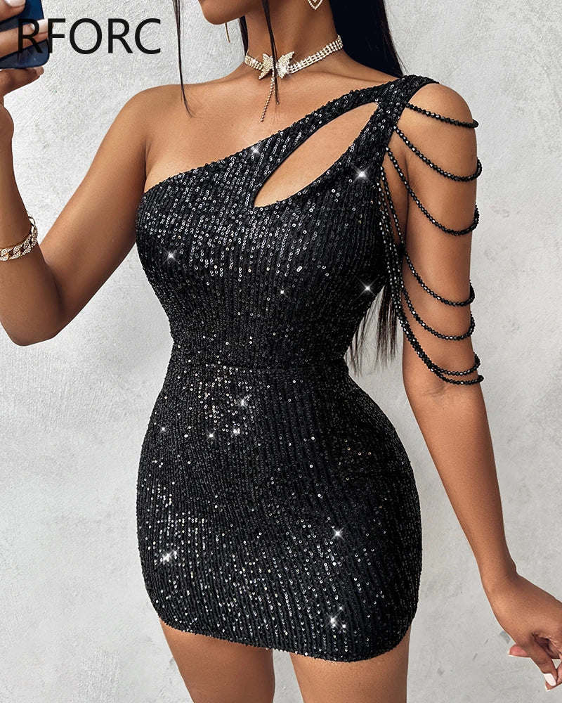 2023 Women One Shoulder Daigonal Collar Sequins Sleeveless Hollow Out Mini Bodycon Dress - JN Fashion Fusion