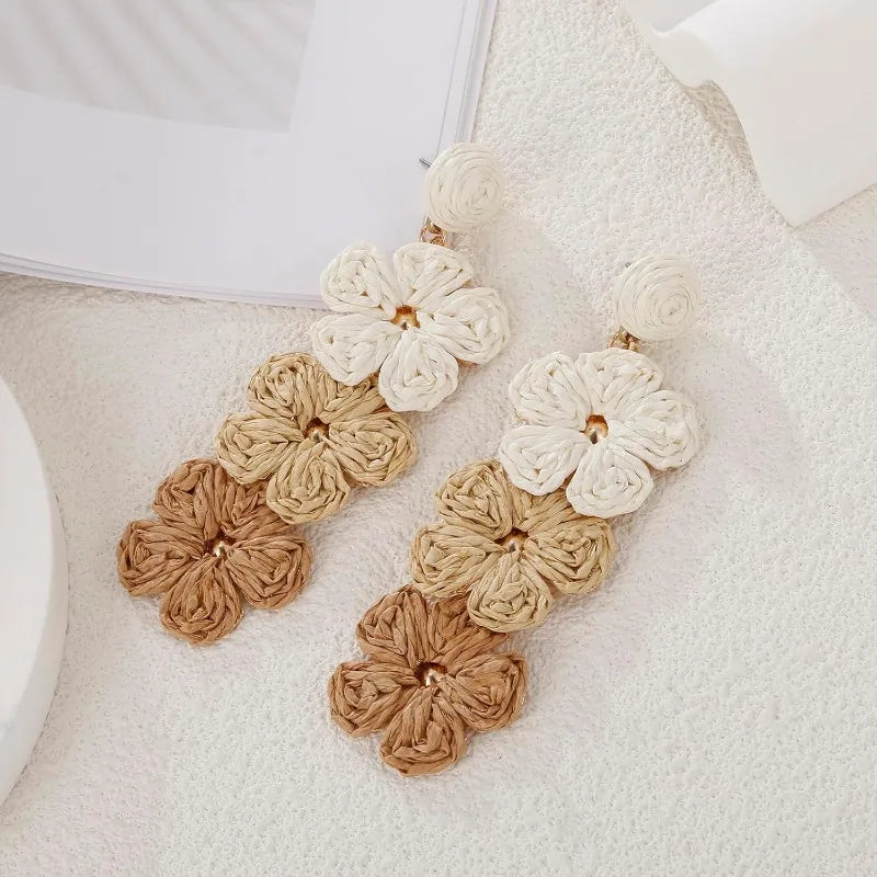 Raffia Flower Earrings for Women Mom, Raffia Straw Wrapped Flower Drop Dangle Earrings Summer Tropical Beach Jewelry Gifts - JN Fashion Fusion