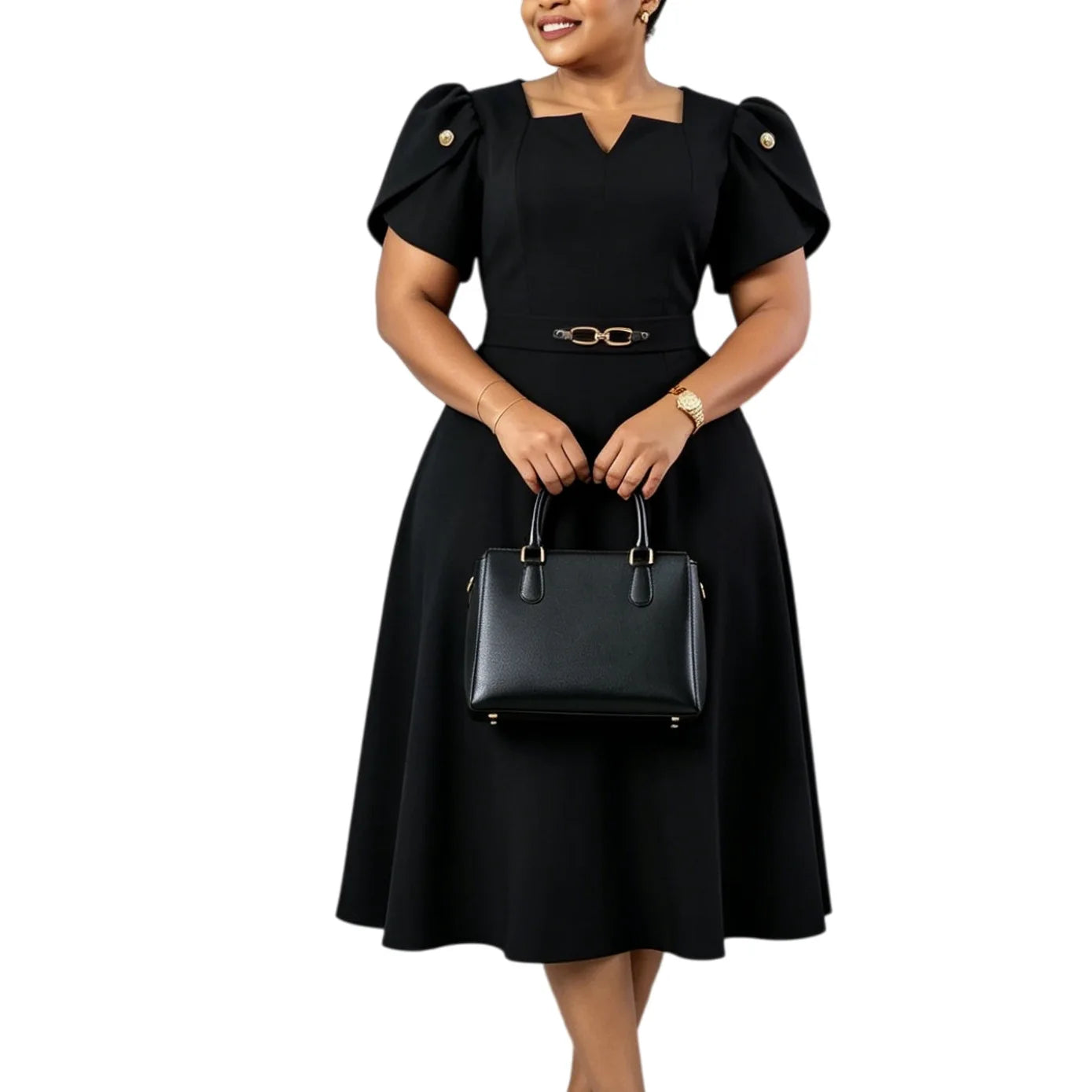 Women Summer Autumn Casual Plus Size Slim Office Ladies Dresses Retro Elegant V-Neck High Waist Short Sleeve Party Dress 2026