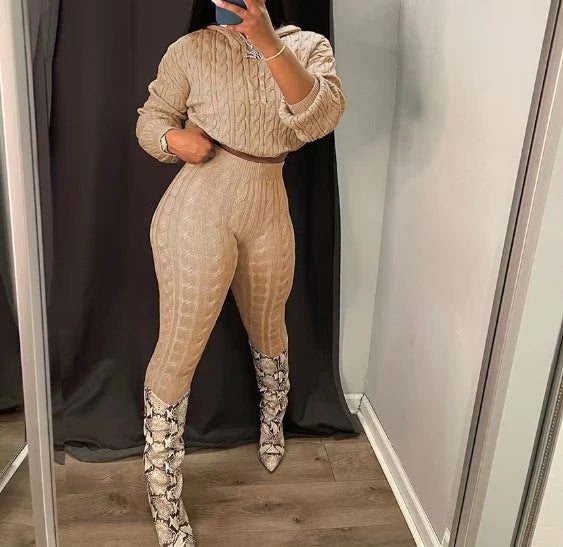 2 Piece Sets Womens Outfits Fashion Long Sleeve Cable Knit Hooded Sweater & Pants Suit Streetwear 2024 Autumn Winter Casual New