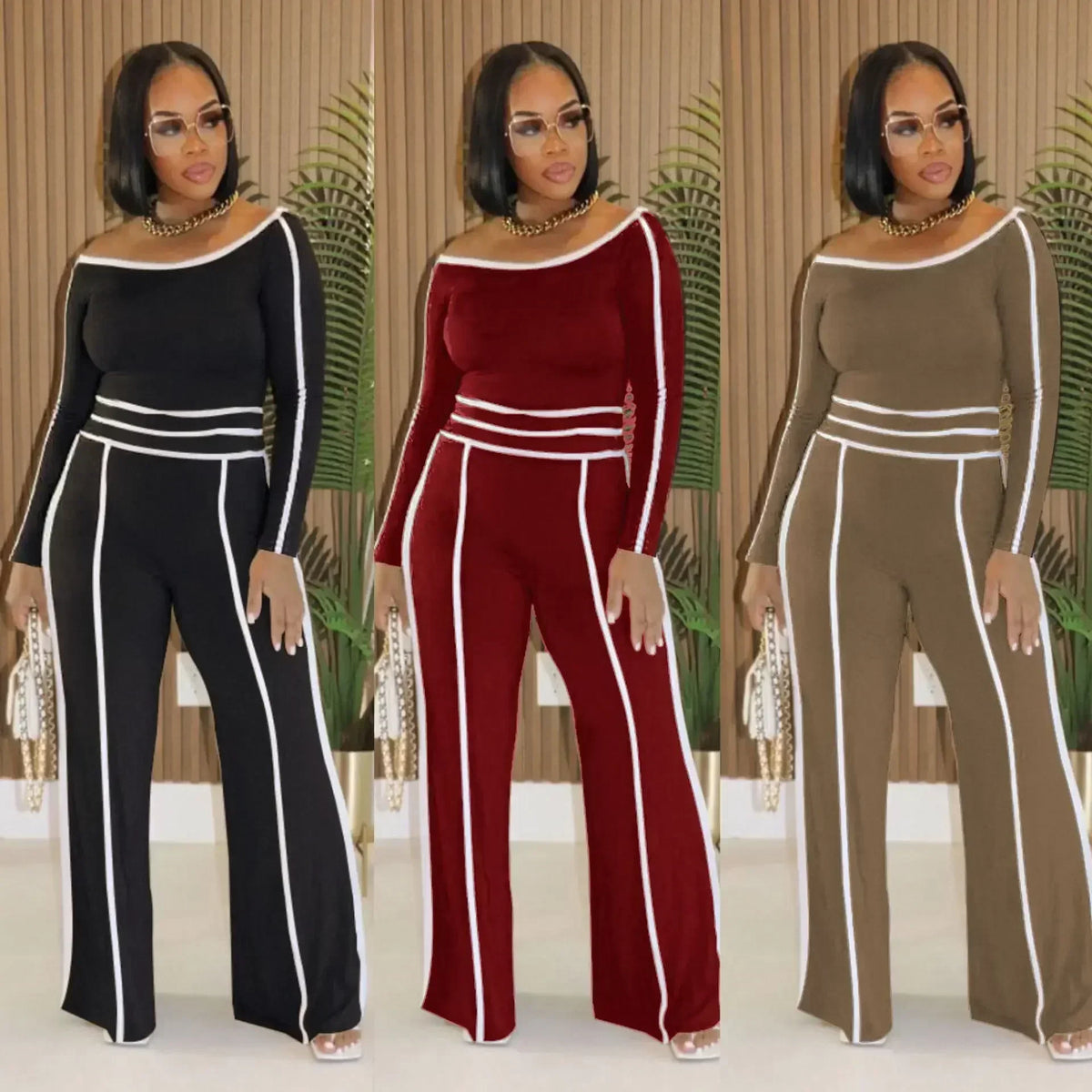 JN Fashion Fusion high-waist wide-leg pants with long sleeves, elastic splicing, and diagonal collar for commuting and leisure wear.