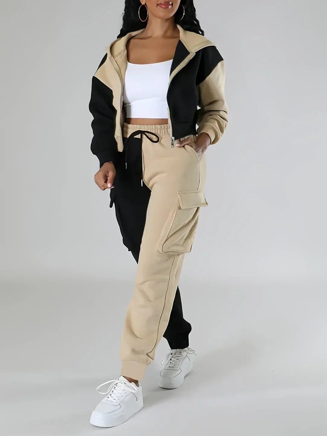 Women Loose Autumn Winter Two Pieces Suit Matching Sets Hoodie Tracksuit Blocked Zipper Short Outerwear Drawstring Cargo Pants - JN Fashion Fusion
