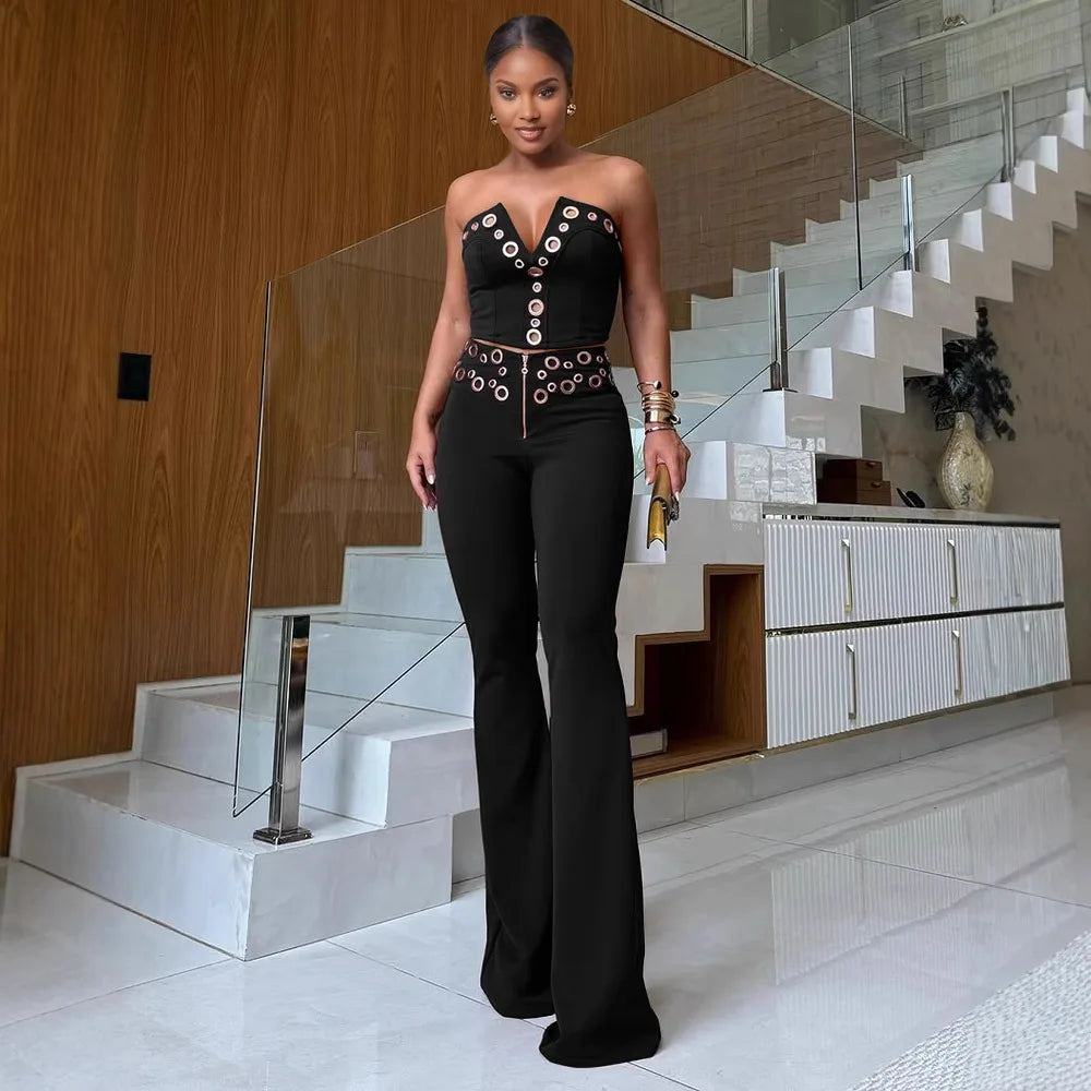 HLJ Elegant Hollow Out Patchwork 2 Piece Sets Woman Outfit Sleeveless Backless Crop Top and Pants Suit Female Party Clubwear New - JN Fashion Fusion