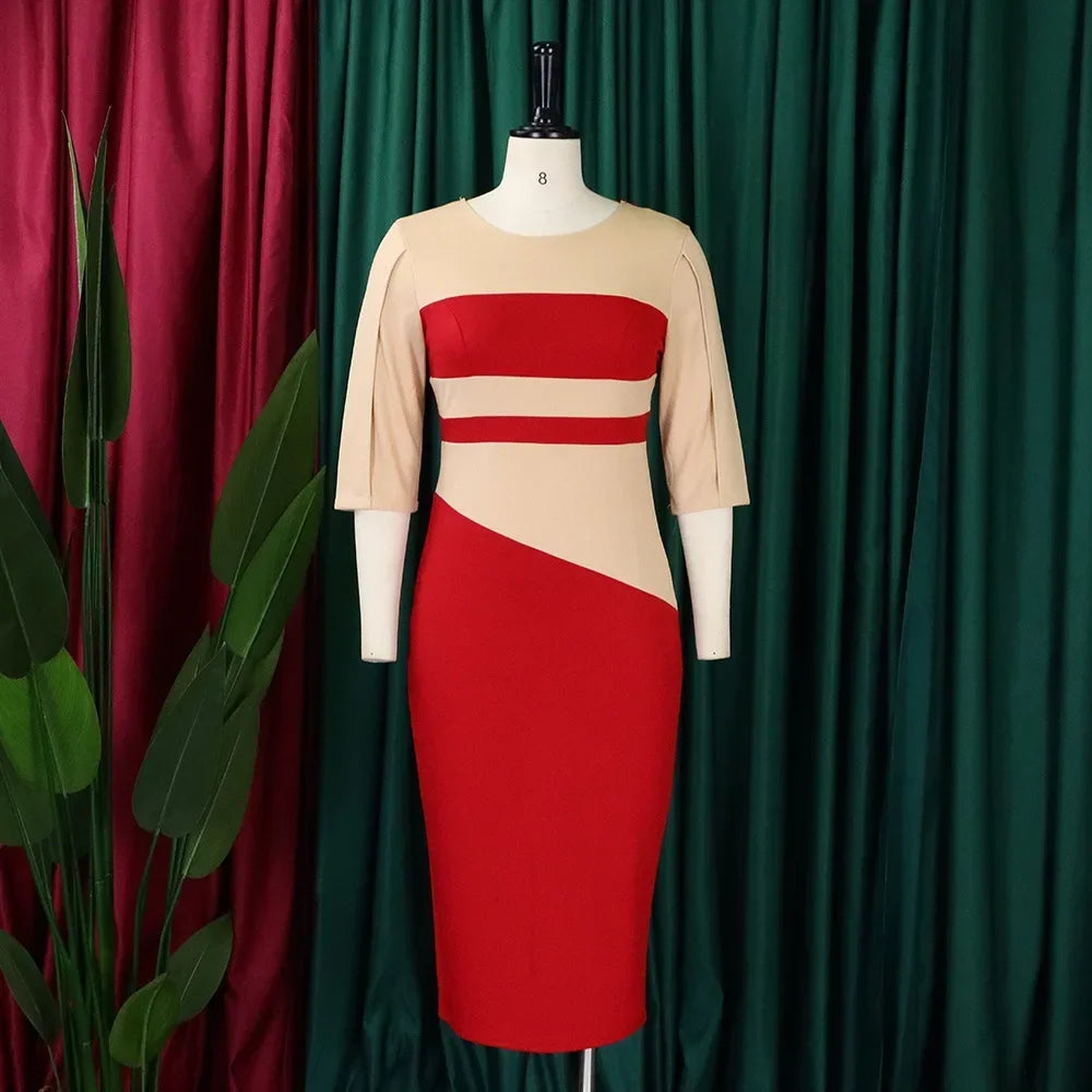 Women Dress for Work Elegant Office O Neck Three Quarter Sleeve Patchwork Sheath Package Hips Mid Calf Professional Business Hot - JN Fashion Fusion