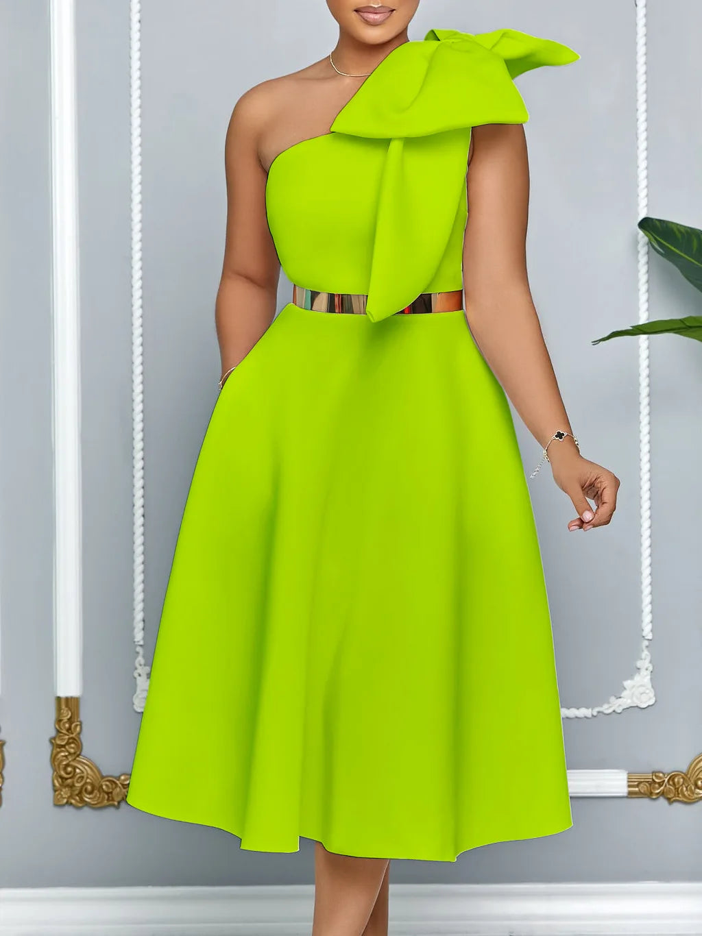 plus Size Women's Fashion Skew Shoulder Bow Banquet Swing Dress New Elegant Gown for Special Occasions