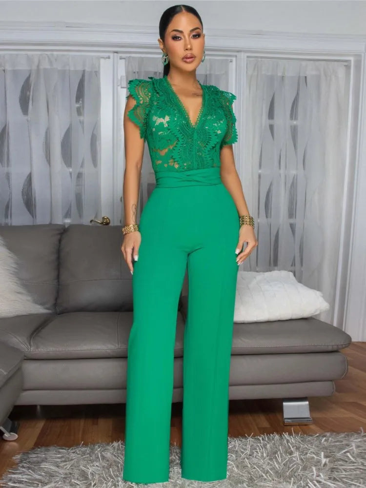 Women's Jumpsuit Elegant Lace V Neck Short Sleeve High Waisted Wide Leg Rompers Sports Fitness Party Banquet Jumpsuites Sexy Y2K