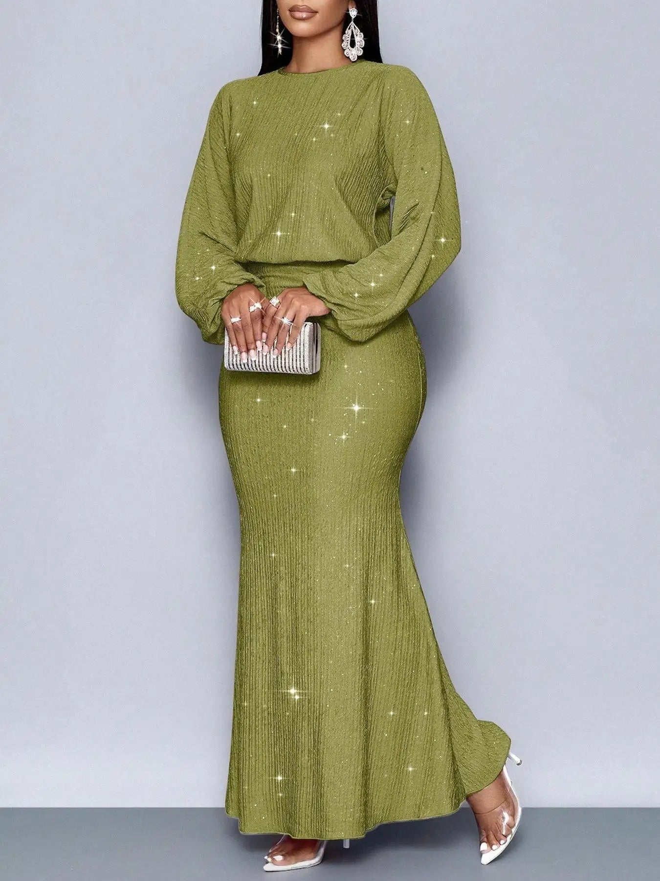 Fashion Shiny Women's Dress Spring Autumn O-neck  Long Sleeve Slim Hips Banquet Long Dress Female Pleated Party Fishtail Dresses - JN Fashion Fusion