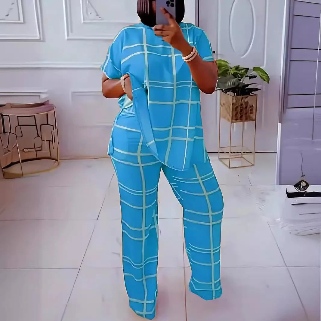 Short Sleeve 2 Piece Women Sets 2026 Spring Summer Matching Sets Stripe Print Two Pieces Sets Top Pants Suits Outfits Clothing