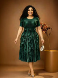 2026 Elegant Pleated Dress High-end Solid Color Round Neck Foreign Gas Disc Flower Heavy Industry Pleated Women's Dress
