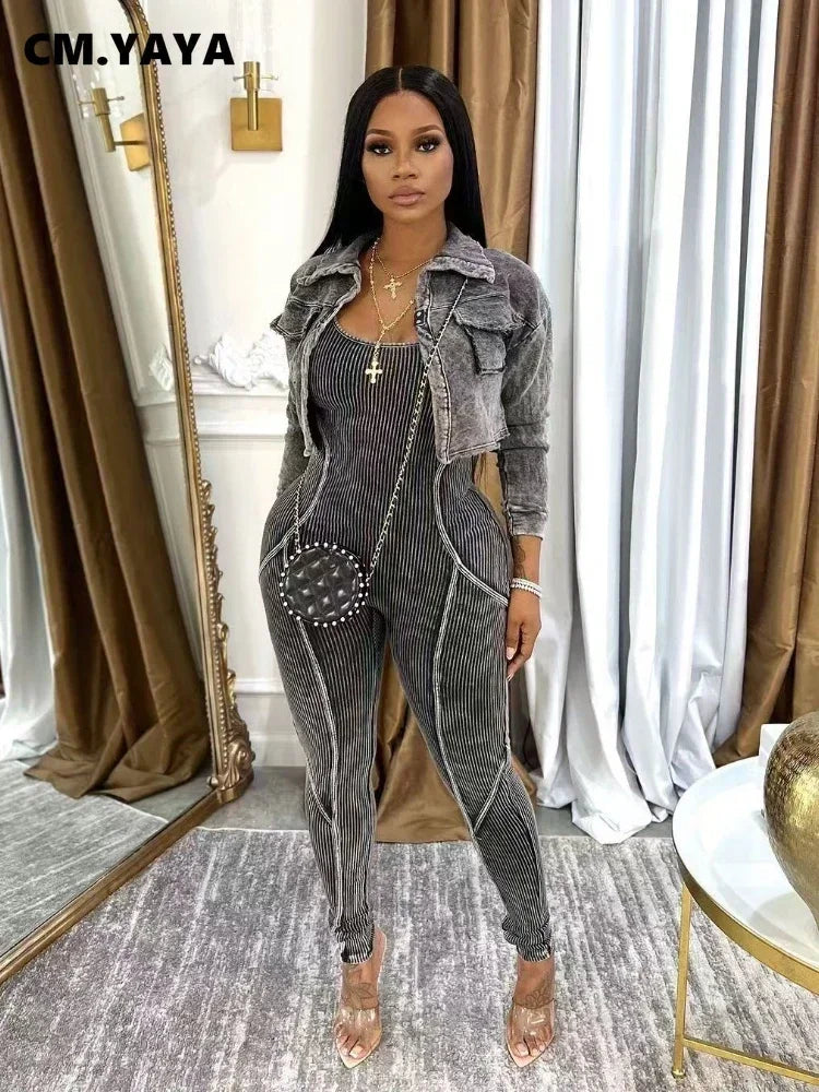 CM.YAYA Fashion Women's Set Washed Knitted Long Sleeve V-neck Coats+pencil Jumpsuits Active Two 2 Piece Set Outfits Tracksuit - JN Fashion Fusion