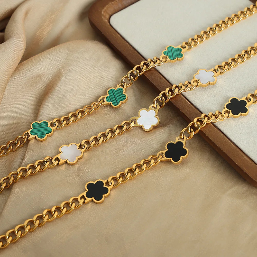 Elegant Stainless Steel New Hip Hop Cuban Link Five Leaf Flower Set Shell Bracelet Necklace Women's Minimalist Chain Jewelry - JN Fashion Fusion