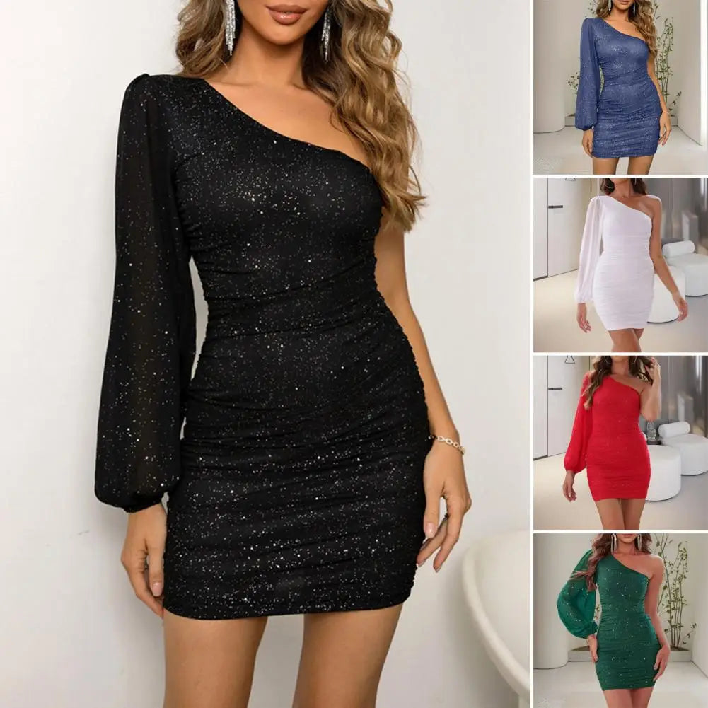 Women's Sequin One Shoulder Dress Long Sleeve Sparkly Mini Bodycon Dress Sexy Women Clothing Ruched Party Cocktail Clubwear - JN Fashion Fusion