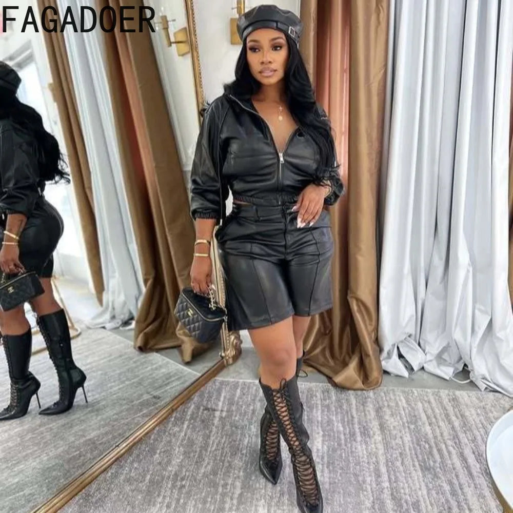 FAGADOER Sexy Leather Patchwork 2 Pieces Set for Woman Outfit Solid Long Sleeves Hooded Crop Top + Shorts Female Streetwear New