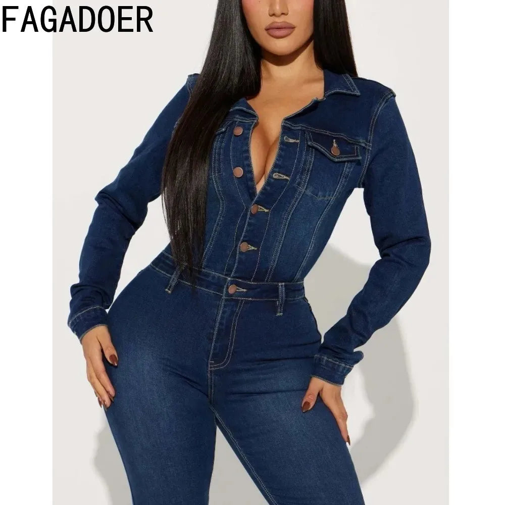 FAGADOER Fashion Denim Elastic Flared Pants Jumpsuits Women Turndown Collar Button Long Sleeve Playsuits Female Cowboy Overalls - JN Fashion Fusion