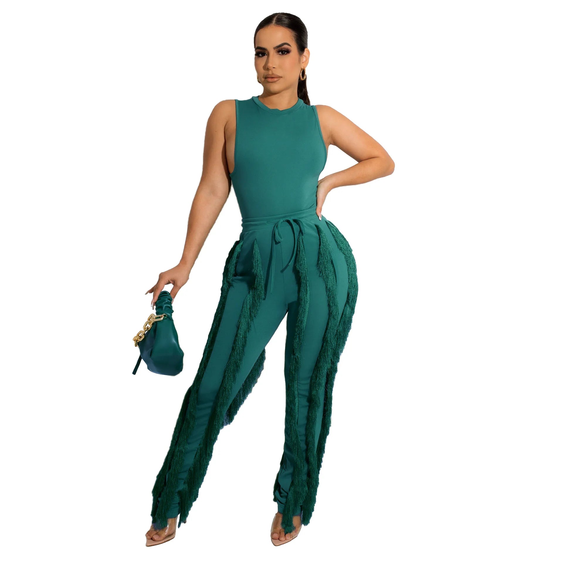 Elegant Women's Tracksuit Tank Top and Tassel Side Straight Pants Suit Streetwear 2026 INS Two 2 Piece Set Outfits - JN Fashion Fusion