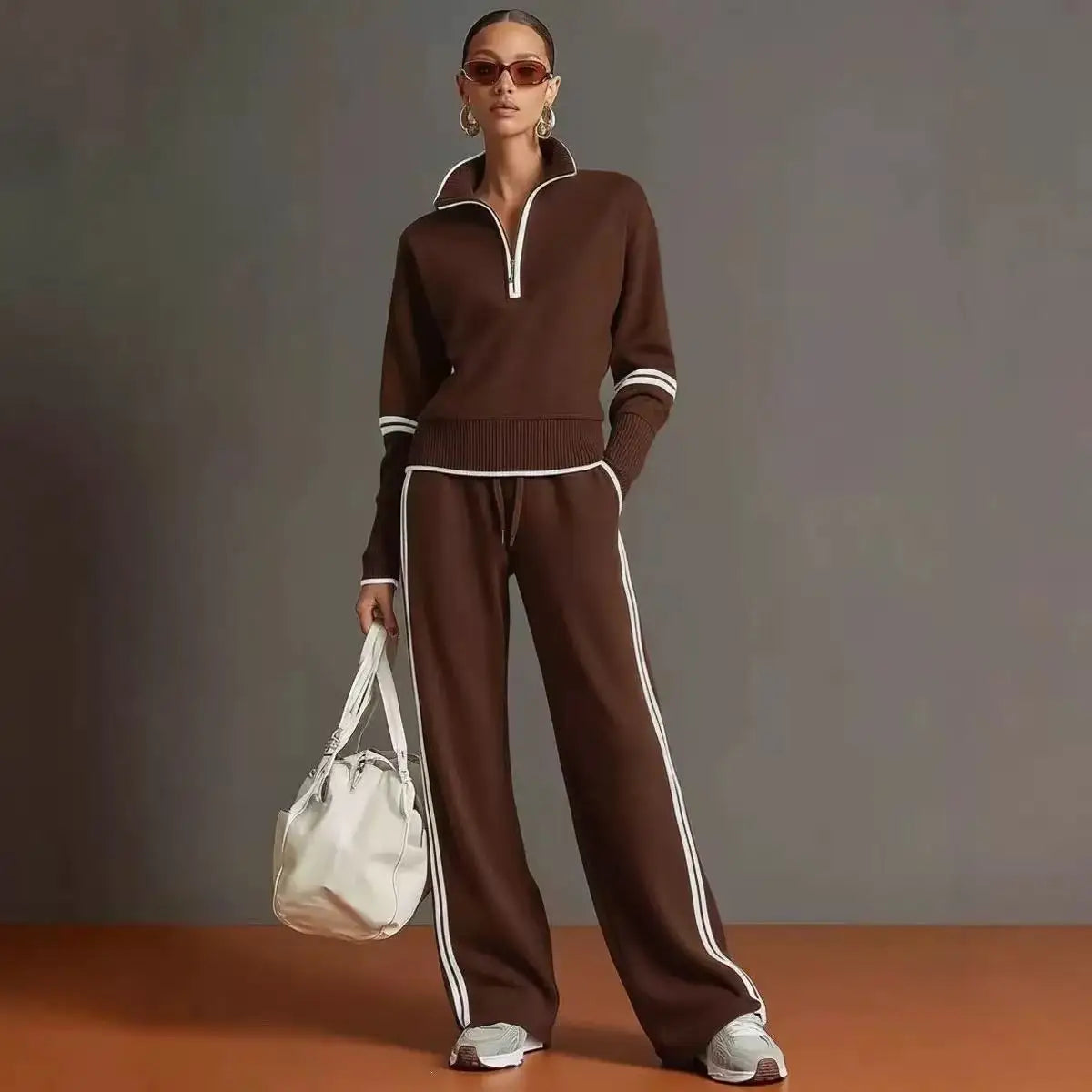 Casual striped hoodie and wide-leg pants two-piece set for women by JN Fashion Fusion, featuring color blocking for autumn winter.