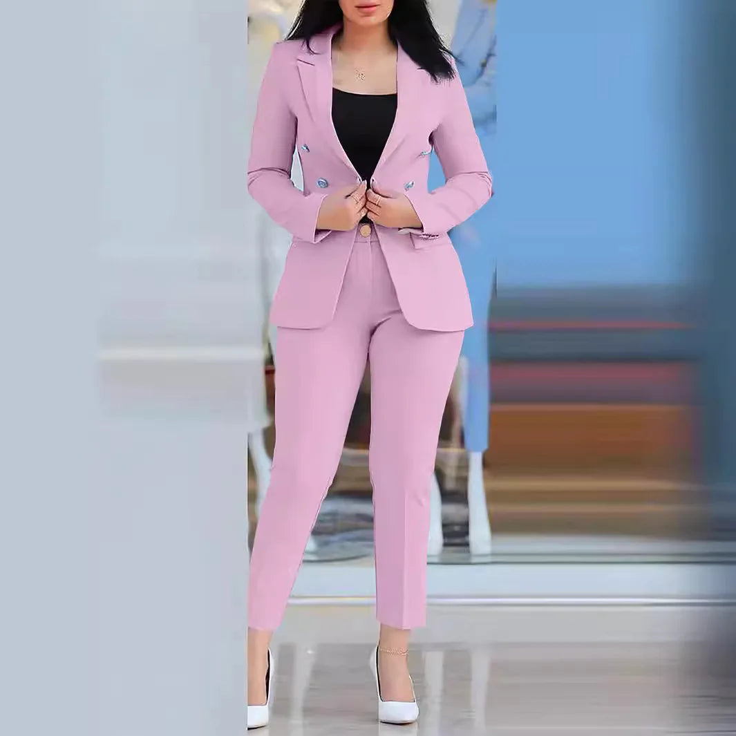 Pants Sets Two Piece Women Cardigan Blazer Double Breasted Slim Fit Pencil Pants Pockets Solid Casual Suits Outwear Spring 2025 - JN Fashion Fusion
