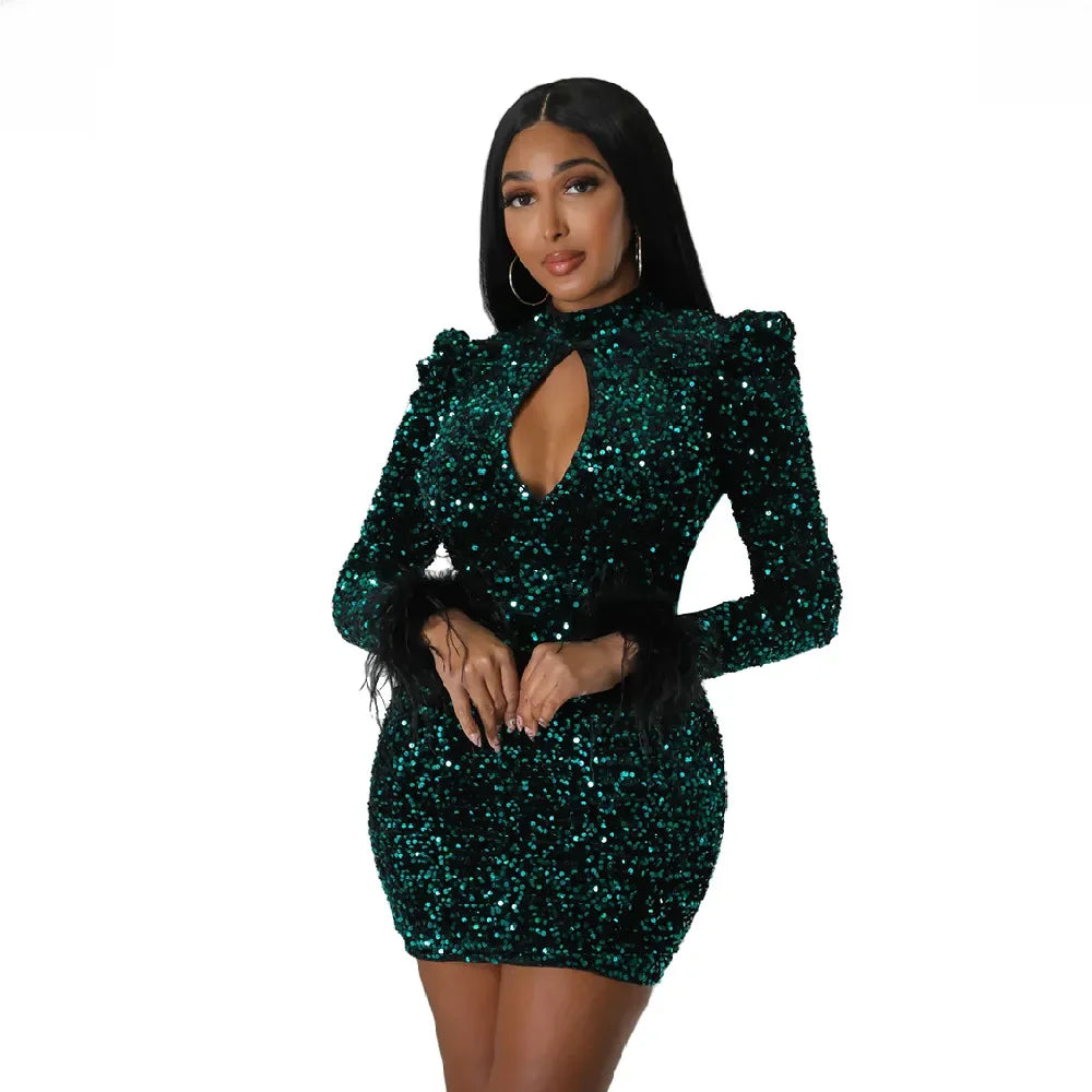 Fashionable Hollow Out Long Sleeve Feather Sexy Backless Dress Nightclub Style Sequin Dress
