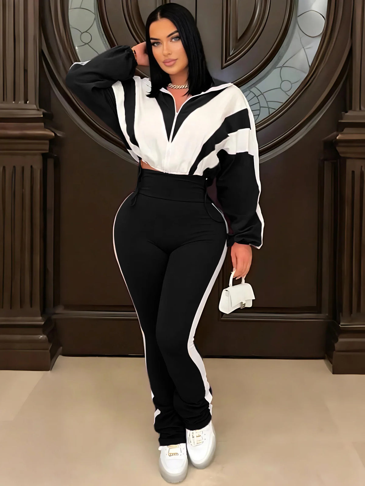Active Patchwork women's sweatshirt jacket and long pants set by JN Fashion Fusion, stylish fall two-piece tracksuit.