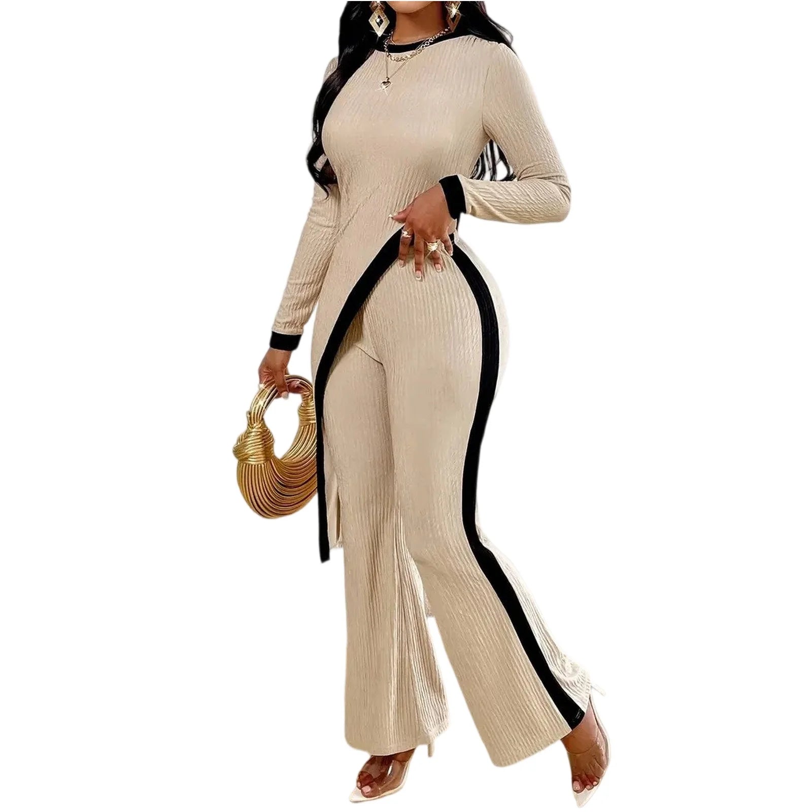 Side Slit Contrasting Long Sleeved Patchwork Pants Set Women'S Casual Suit Spring And Autumn Women'S Set - JN Fashion Fusion