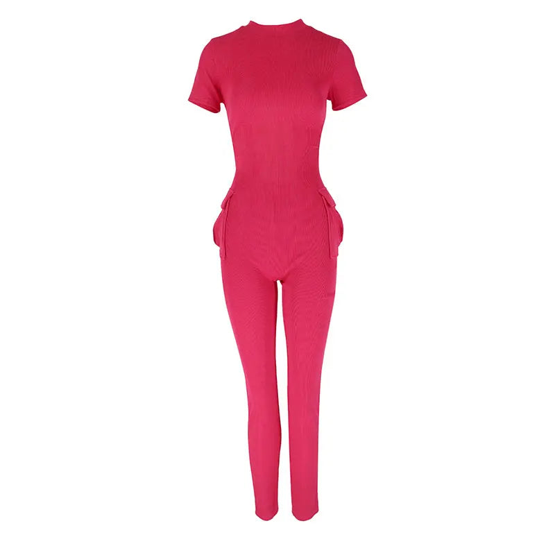 Spring New Women's Jumpsuits Sexy Sweet Pink Hollow Out Jumpsuit Streetwear Fashion Pockets Short Sleeve Female Elegant Rompers - JN Fashion Fusion