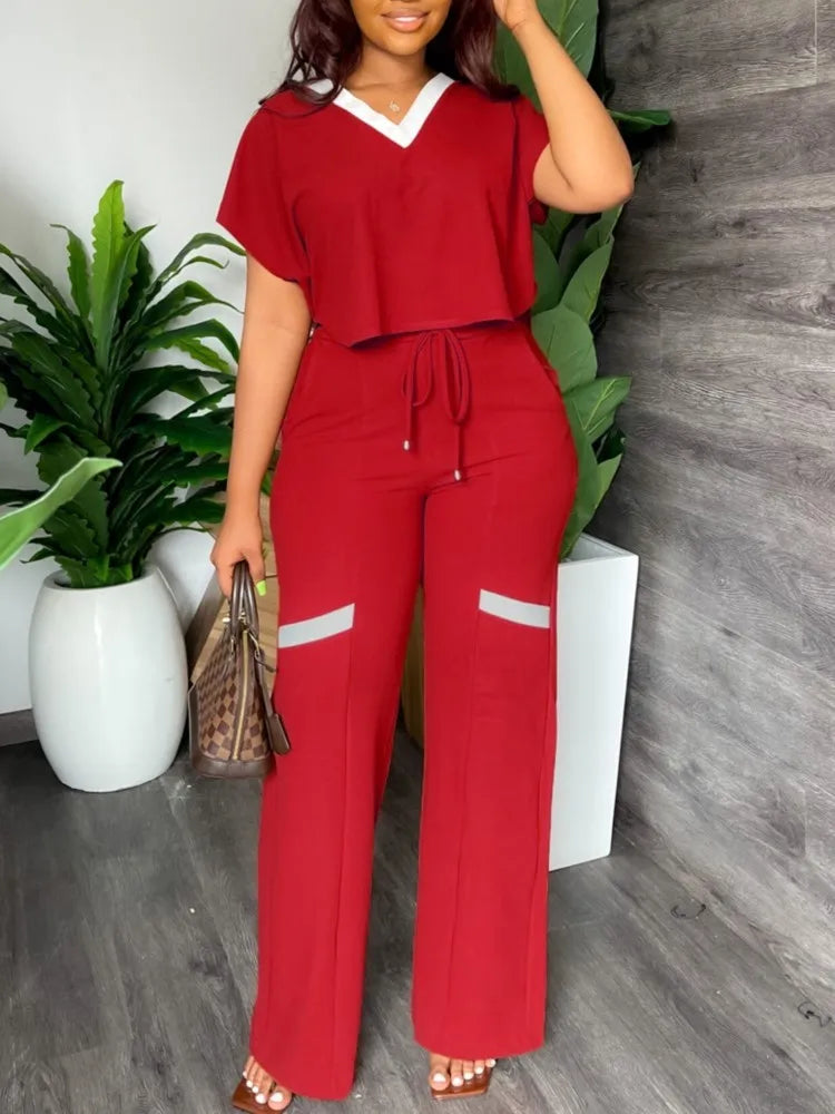 Elegant Women's Casual Short Sleeve T-shirt Sports Suit Summer Fashion Solid V Neck Short Top & Straight Pants Two Piece Sets - JN Fashion Fusion