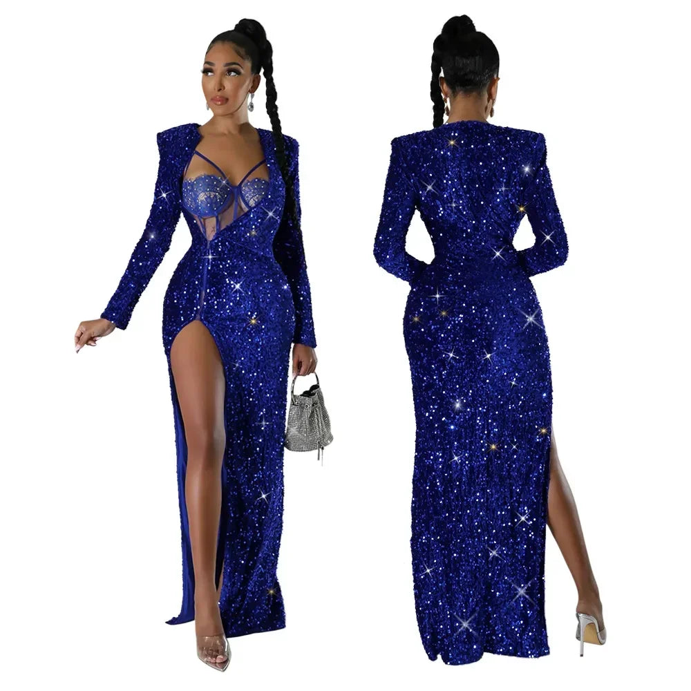 Two Piece Sets Bodysuit Sexy Women Sequin Dress Rompers Solid Slim Fit Sheath Full Sleeve Hip Wrap Dresses Set Party Gown - JN Fashion Fusion