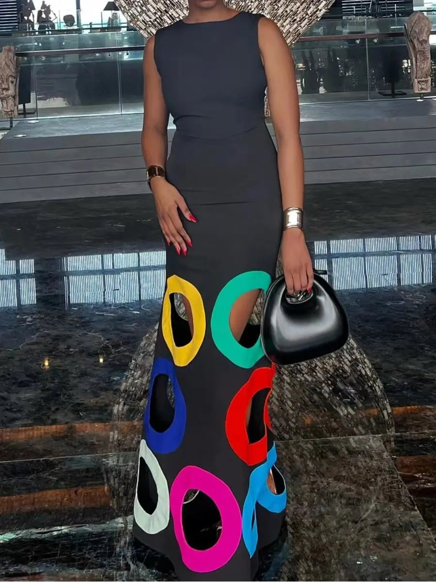 Fashion O-neck Sleeveless Waist Dress For Women Elegant Spring Summer Slim Fit Hollow Positioning Printing Casual Dresses Female - JN Fashion Fusion