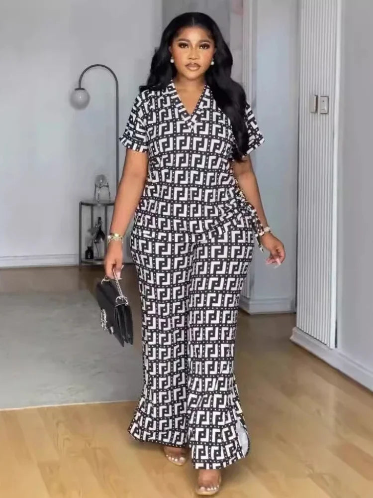 Pants Set Summer Women's Printed Two Piece Set Short Sleeve Round Neck Loose Pants AOMEI Fashion Pants Set