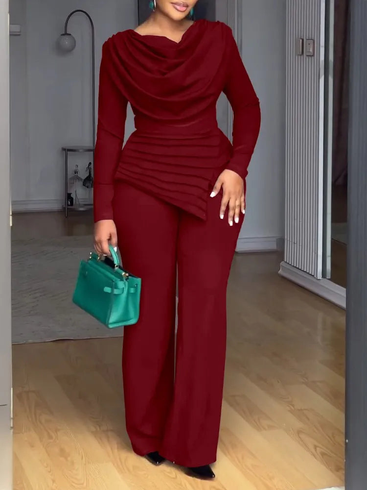 Swing Collar Ruched Jumpsuit Long Sleeve Solid Elegant Office Ladies Asymmetric Hem Autumn Casual Vintage Ruched Slim Rompers - JN Fashion Fusion