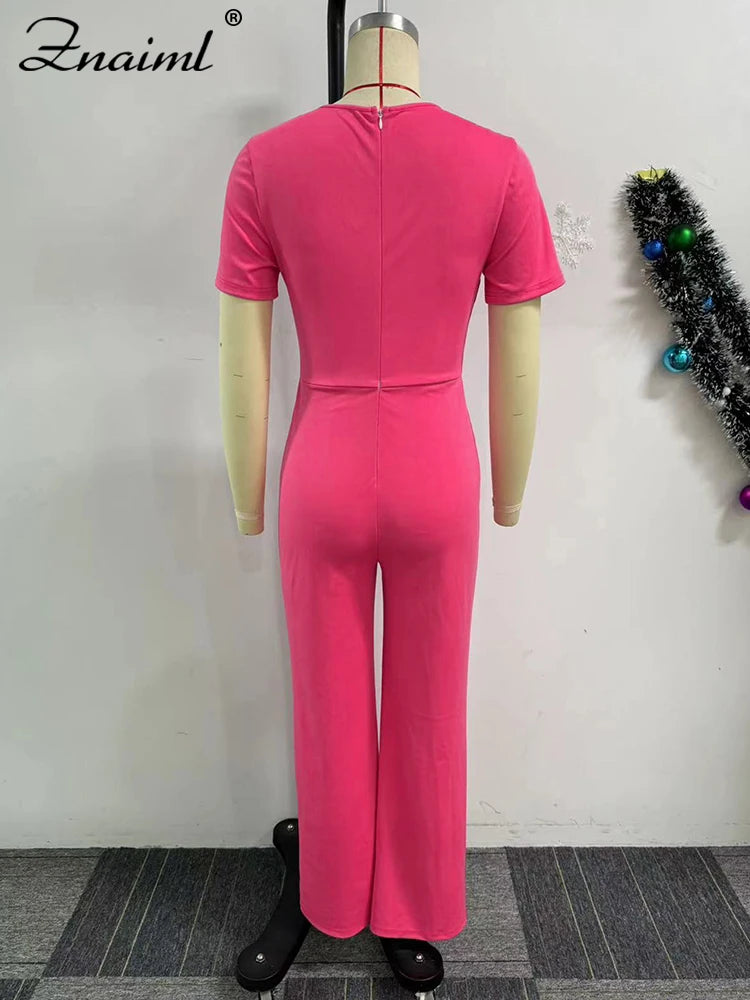 Znaiml Women Elegant Long Jumpsuits for Party Summer Short Sleeve Buttons Solid Color Wide Leg Pants Rompers One Pieces Overalls - JN Fashion Fusion