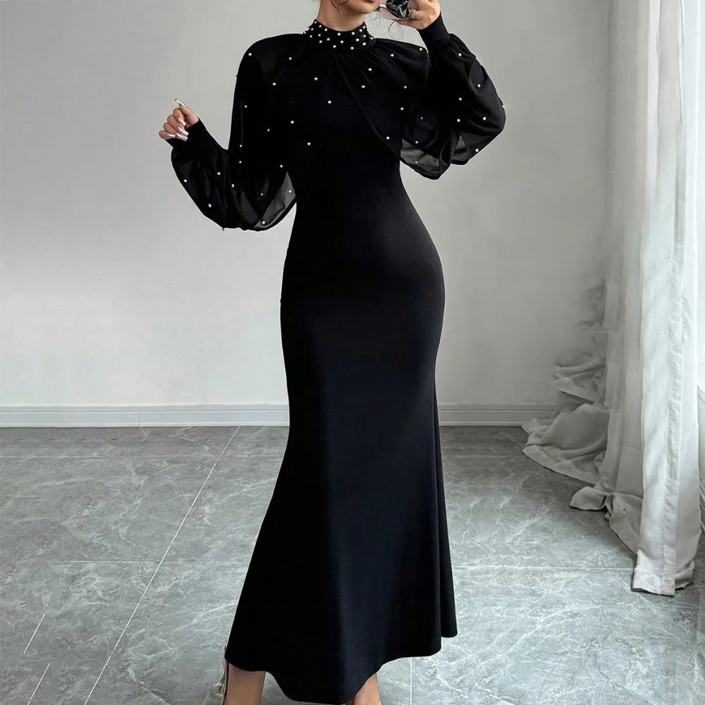 Women Dresses 2026 Spring Autumn New Solid Color Beading Decor Lace Splicing High Neck Long Sleeve Slim Hip Wrapping Long Dress - JN Fashion Fusion