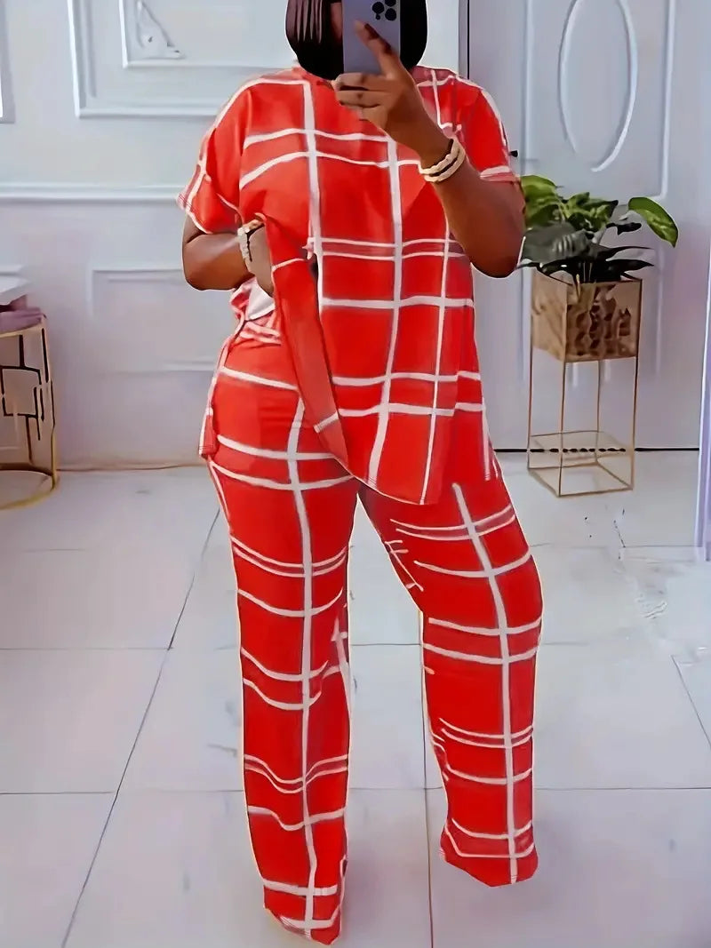 Short Sleeve 2 Piece Women Sets 2026 Spring Summer Matching Sets Stripe Print Two Pieces Sets Top Pants Suits Outfits Clothing