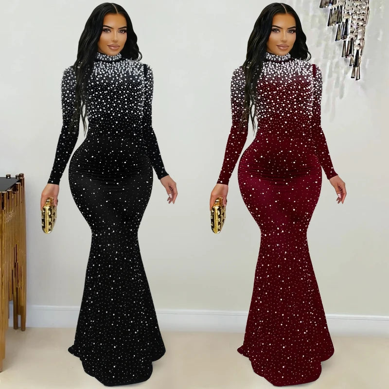 Elegant women’s long dress by JN Fashion Fusion with beaded embellishments, mock neck, full sleeves, and A-line silhouette for evening events.