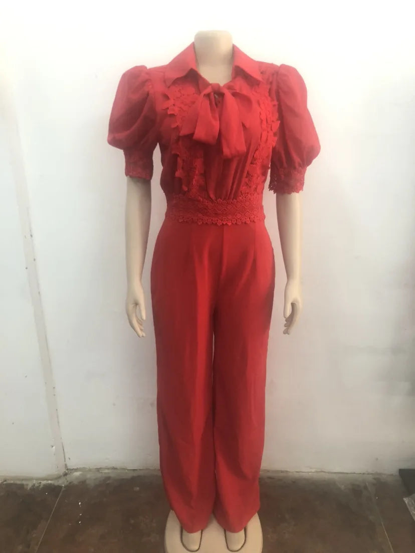 Patchwork Wide Leg Party Jumpsuit Sexy Women Turn Down Collar Elegant Lace Night Club Romper Overalls - JN Fashion Fusion