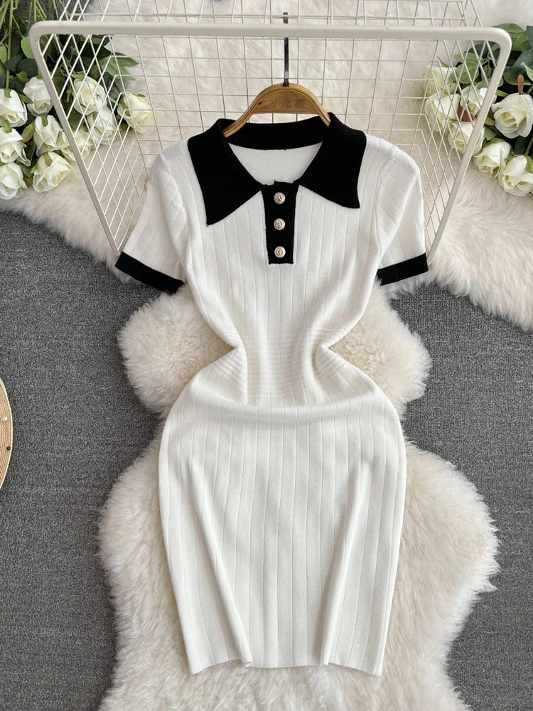 Polo Collar Patchwork Dresses Office Lady Casual Short Sleeve Knitted Dress Slim Mid Length Women Spring Summer Streetwear - JN Fashion Fusion