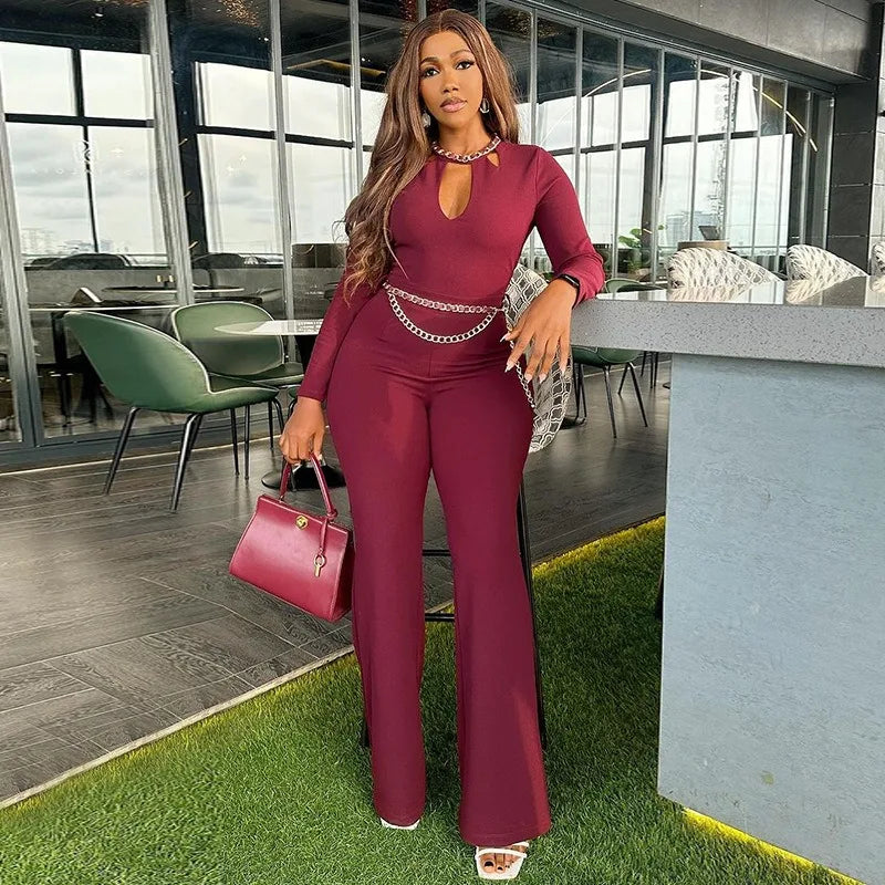 Women's High Waisted Wide Leg Long Pants Jumpsuit Temperament Hollowed Out Long Sleeved Slim Fit 2025 Spring New Item - JN Fashion Fusion