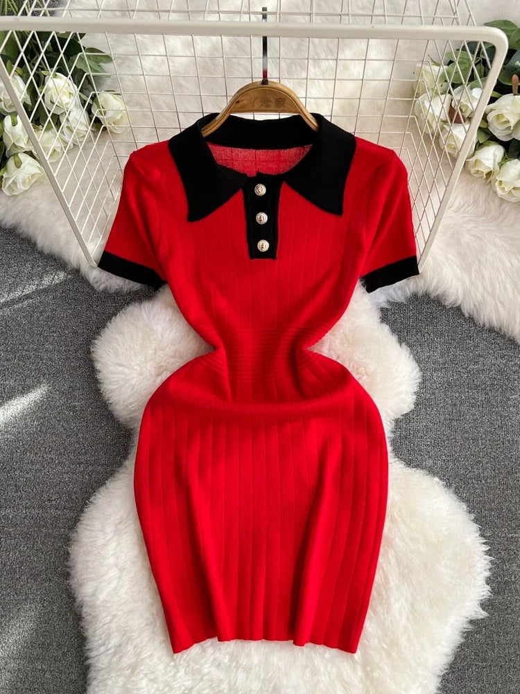 Polo Collar Patchwork Dresses Office Lady Casual Short Sleeve Knitted Dress Slim Mid Length Women Spring Summer Streetwear - JN Fashion Fusion