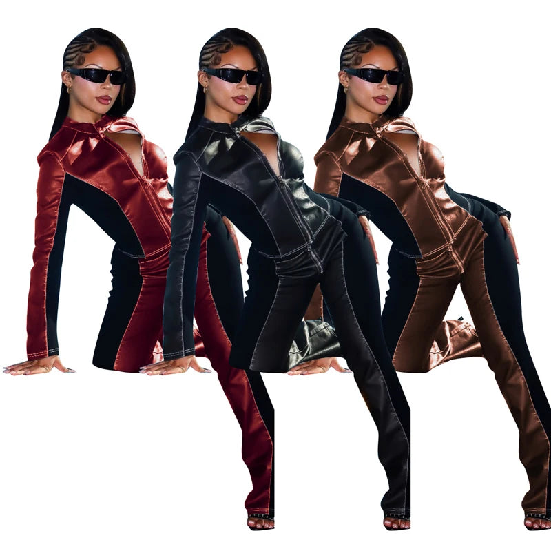 Fall Women Sets Y2k Punk Leather Two Tone Long Sleeve Zip Jacket and Flared Pants Suit Streetwear Motorcycle 2 Piece Set Outfits - JN Fashion Fusion