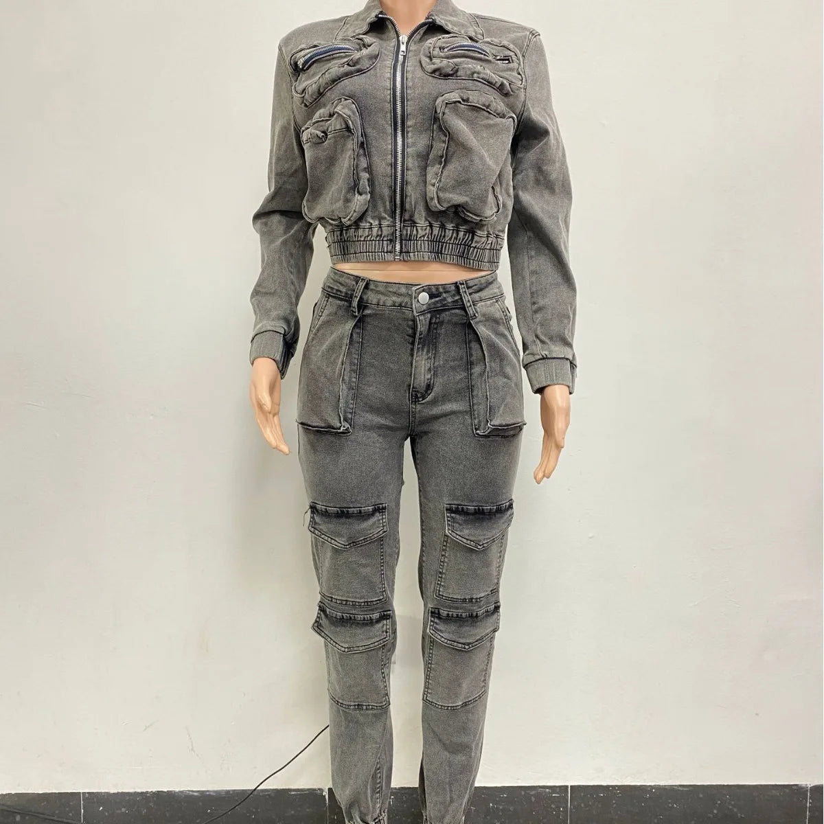 Pant Sets Long Sleeve Women Tracksuit Zipper Denim Coat Cargo Ankle Length Pants Pockets High Street Spliced Slim 2024 - JN Fashion Fusion